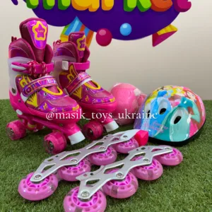 Ролики квади 2в1 розсувні, шолом, захист, розмір M 35-38 Pink