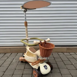 Самокат-біговел з ручкою та капором, бежевий (без кошика)